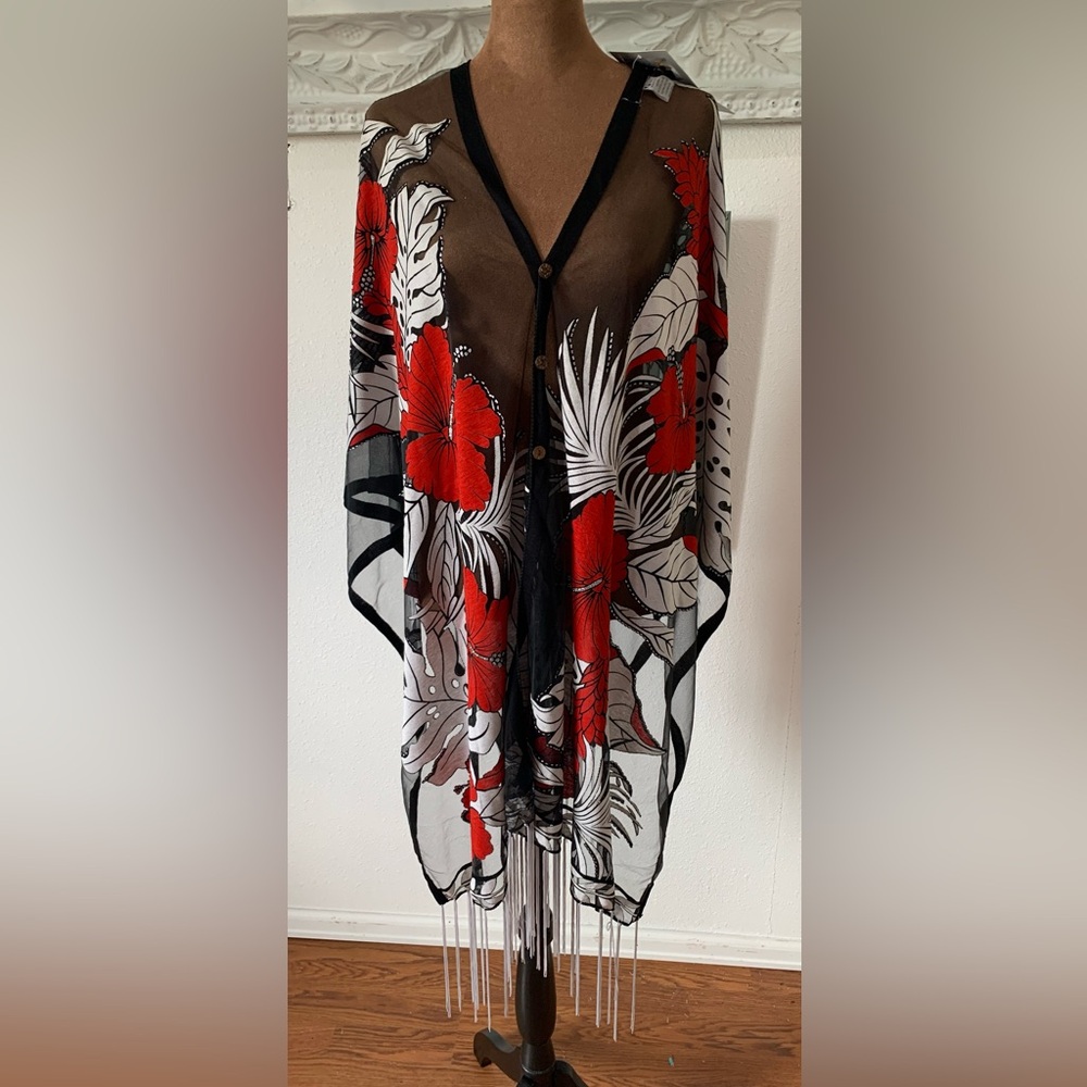 Gorgeous Sheer Floral Kimono Cover-Up in Black, Red & White (NWT)